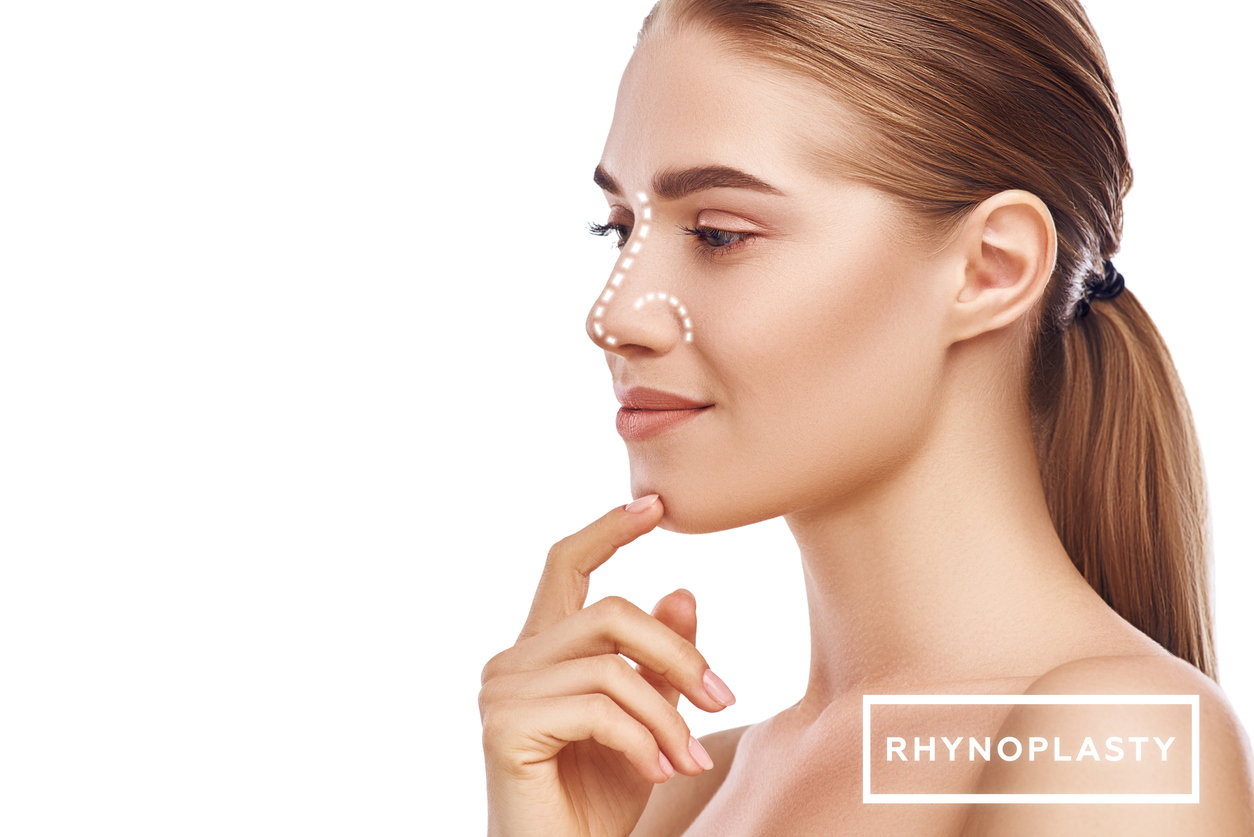 Woman touching face graphic for rhinoplasty Beverly Hills